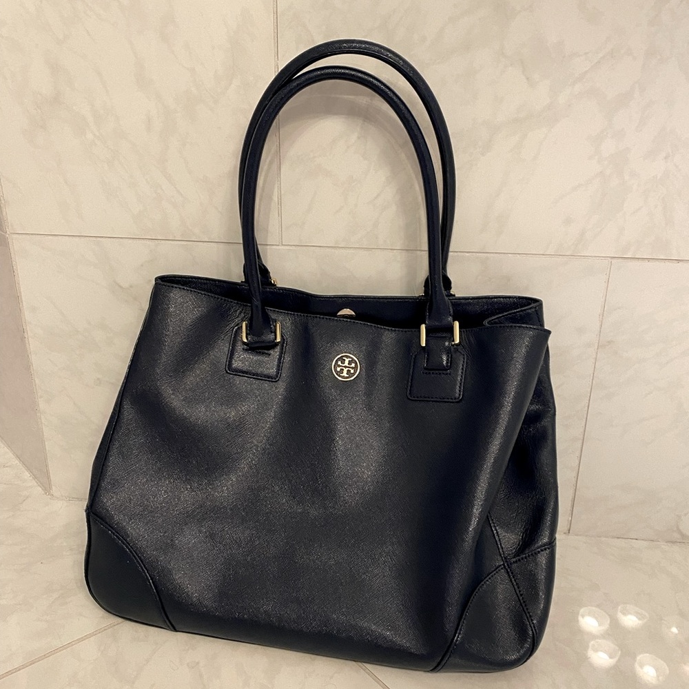 BLUE patent leather Tory Burch tote bag EUC
